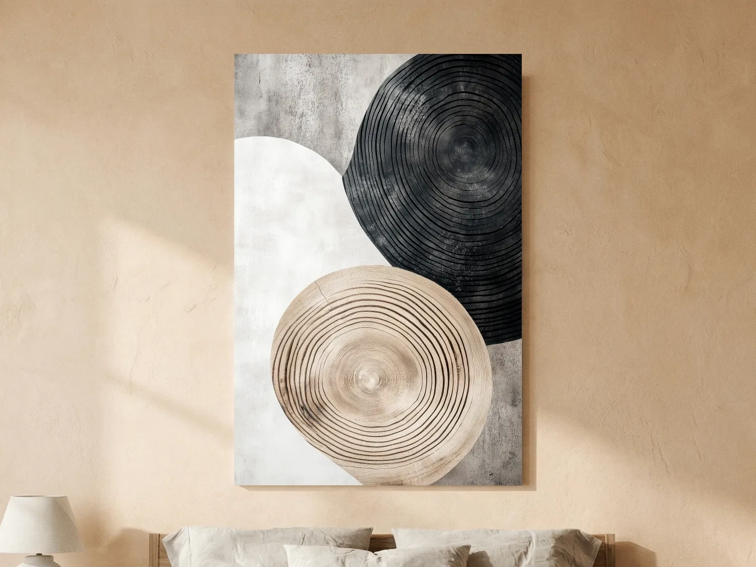 Minimalist Black Beige Wood Grain Circles - Modern Rustic Wall Art
