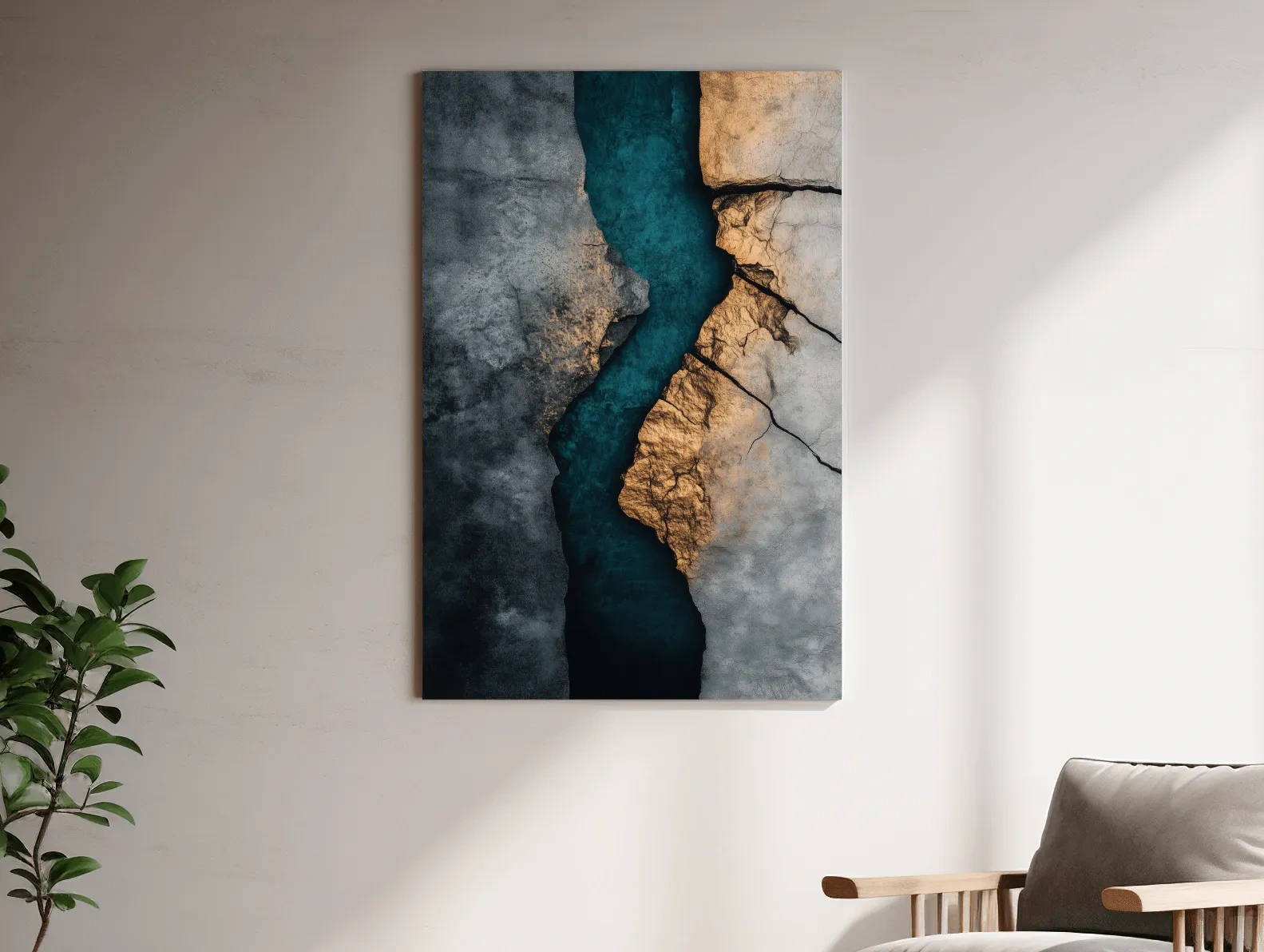 Cracked stone and turquoise abstract wall art, natural geological textured artwork