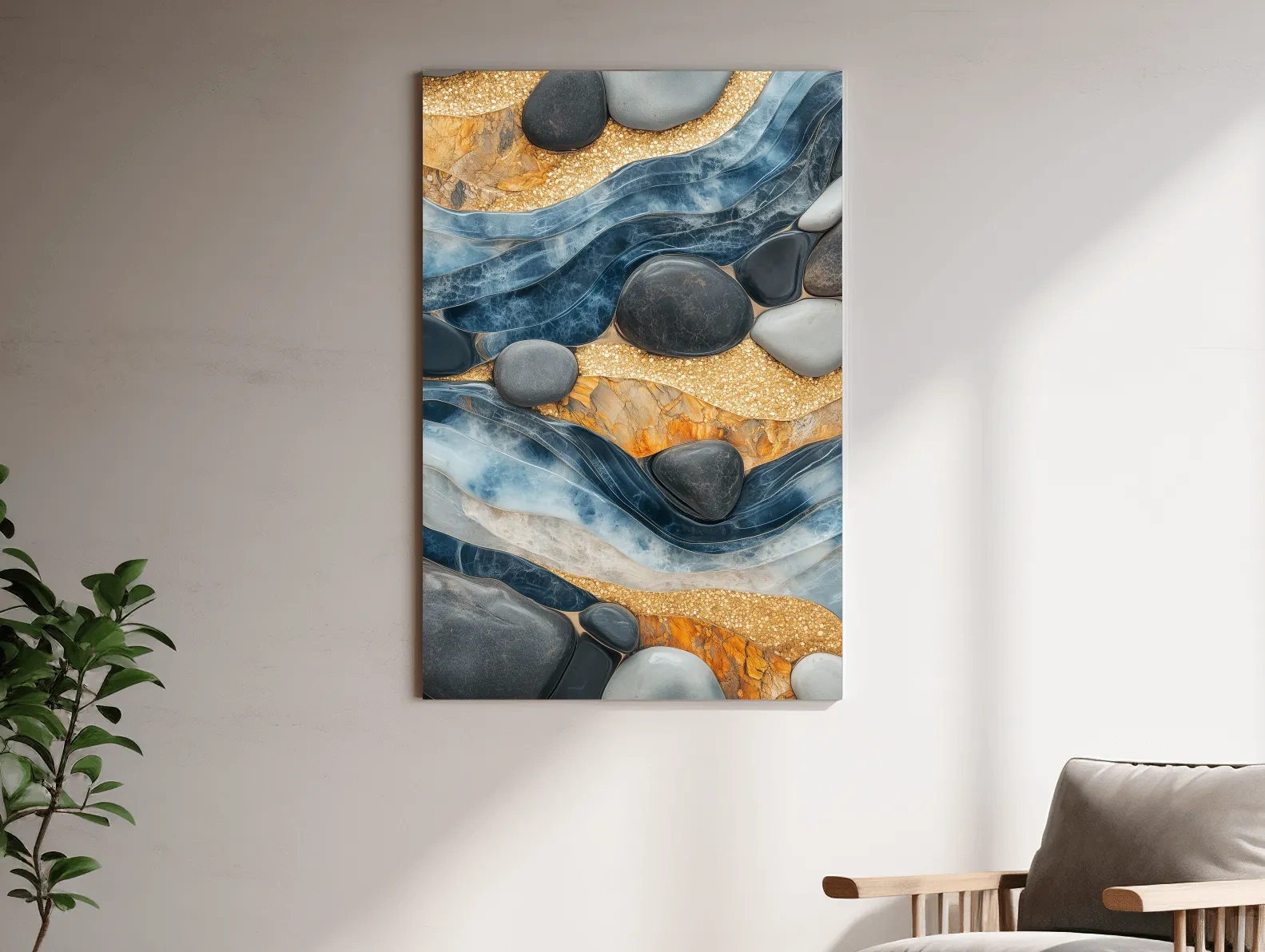 Natural stone and river rock wall artwork, abstract layered design