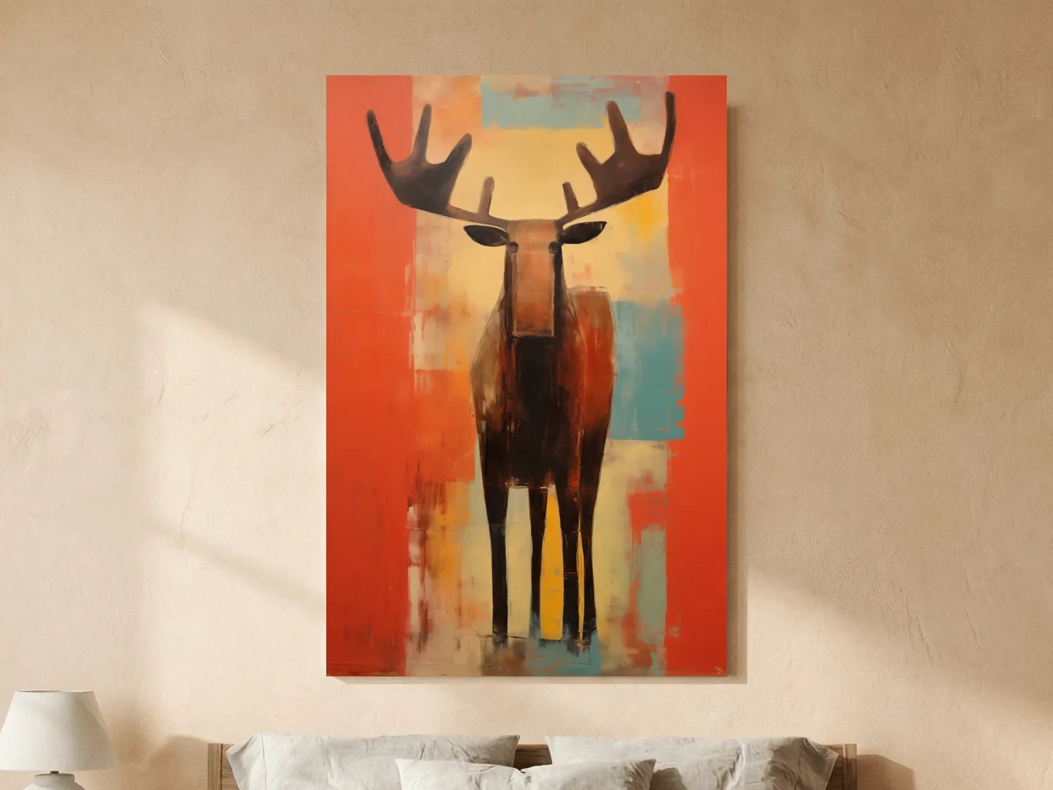 Expressionist Abstract Moose Portrait Painting - Vibrant Rustic Wildlife Wall Art