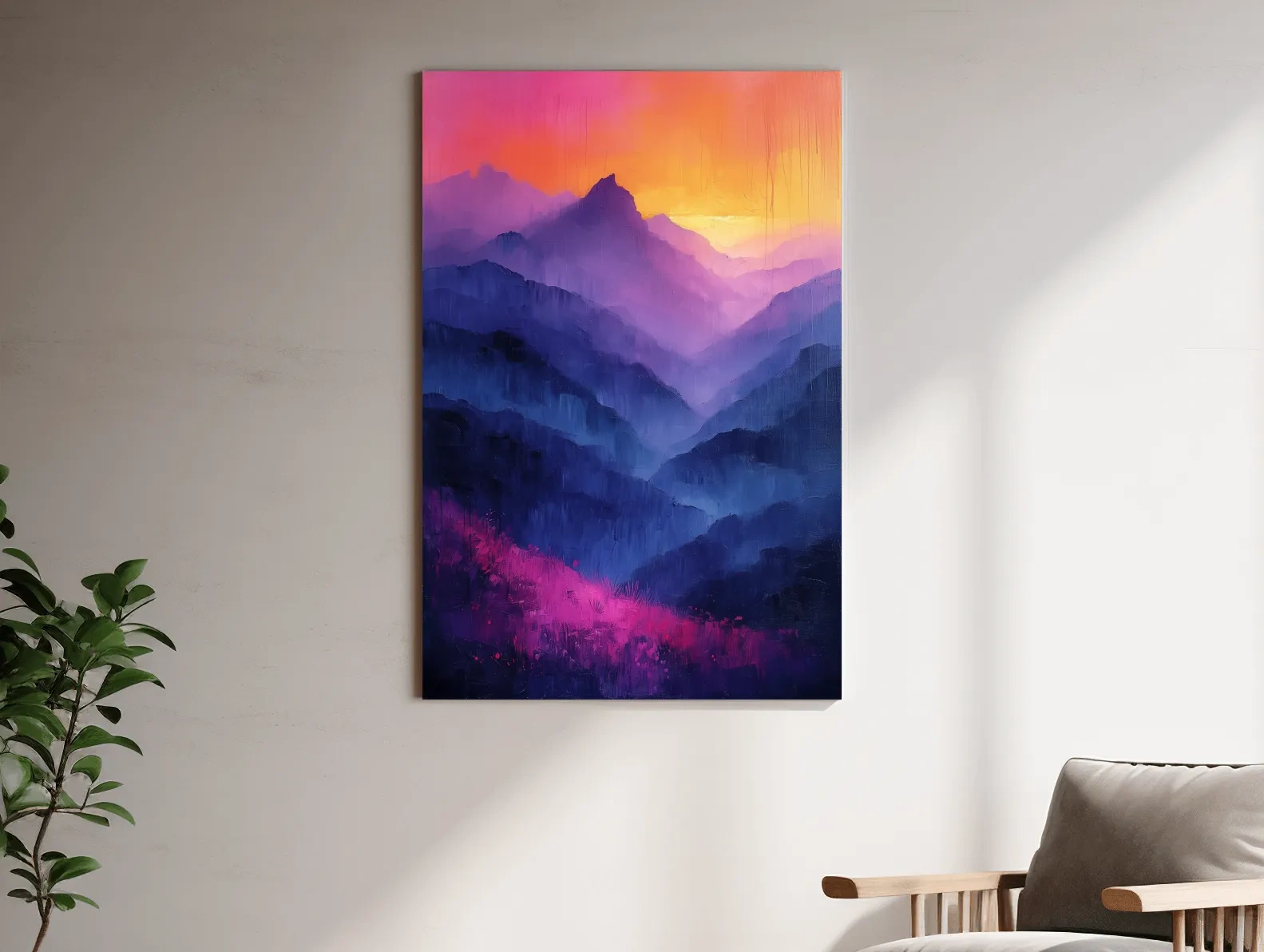 Colorful mountain sunset artwork, vibrant oil painting effect