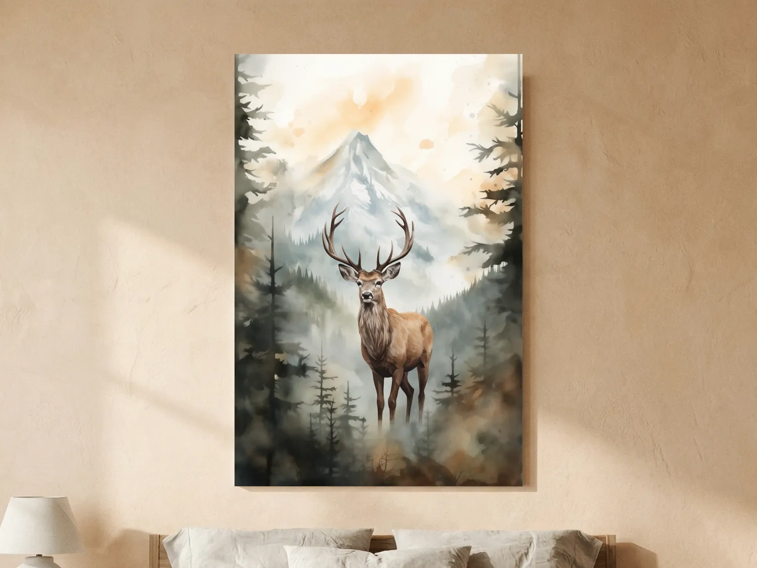 Watercolor Stag In Misty Mountain Forest - Serene Wildlife Wall Art