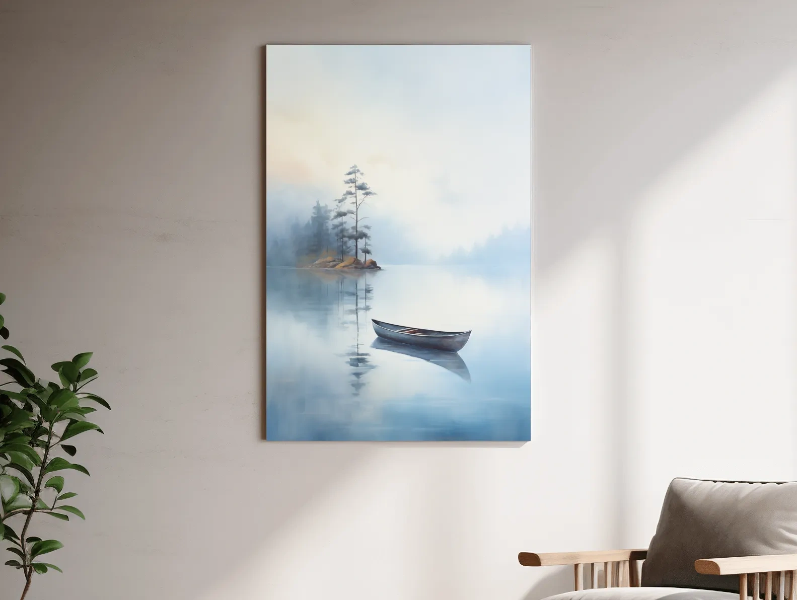 Misty Lake Canoe Painting - Serene Minimalist Watercolor Wall Art