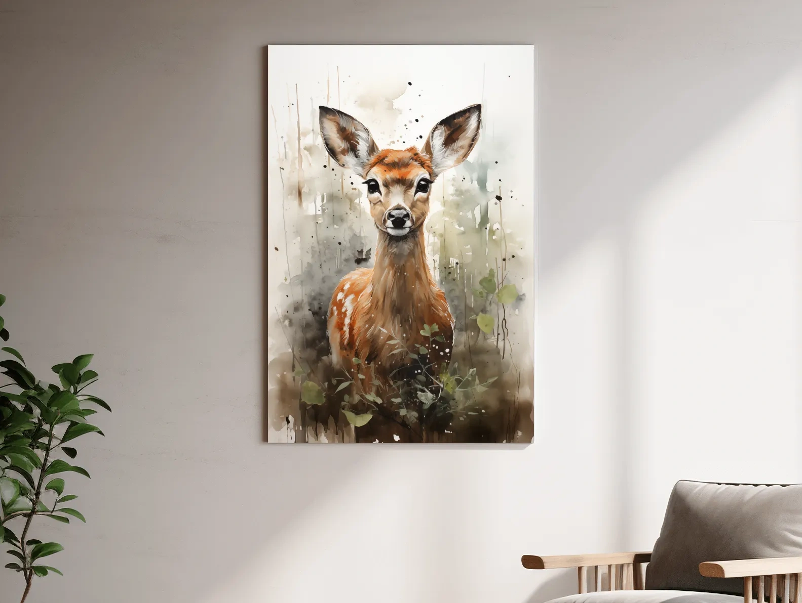 Whimsical Baby Deer Watercolor Portrait - Woodland Nursery Wall Art
