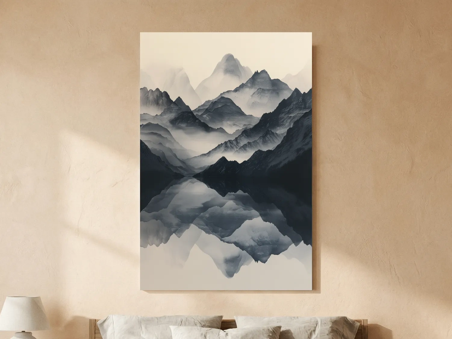 Monochrome Misty Mountain Reflection Landscape - Minimalist Japandi Wall Art