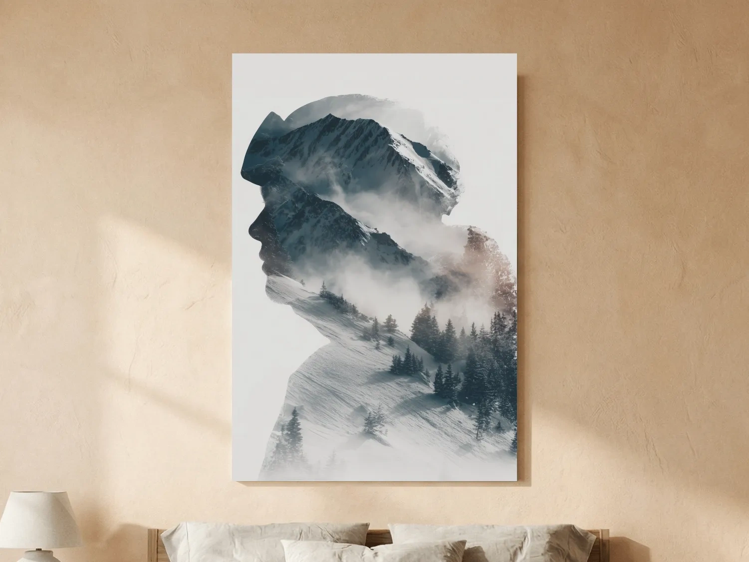 Surreal Double Exposure Skier & Mountain Portrait - Moody Misty Alpine Forest Wall Art