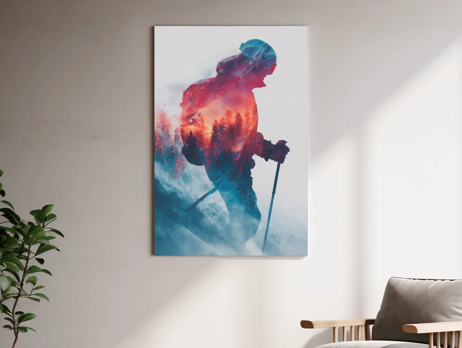 Double Exposure Skiier Silhouette Forest Sunset - Adventure Mountain Landscape Artwork