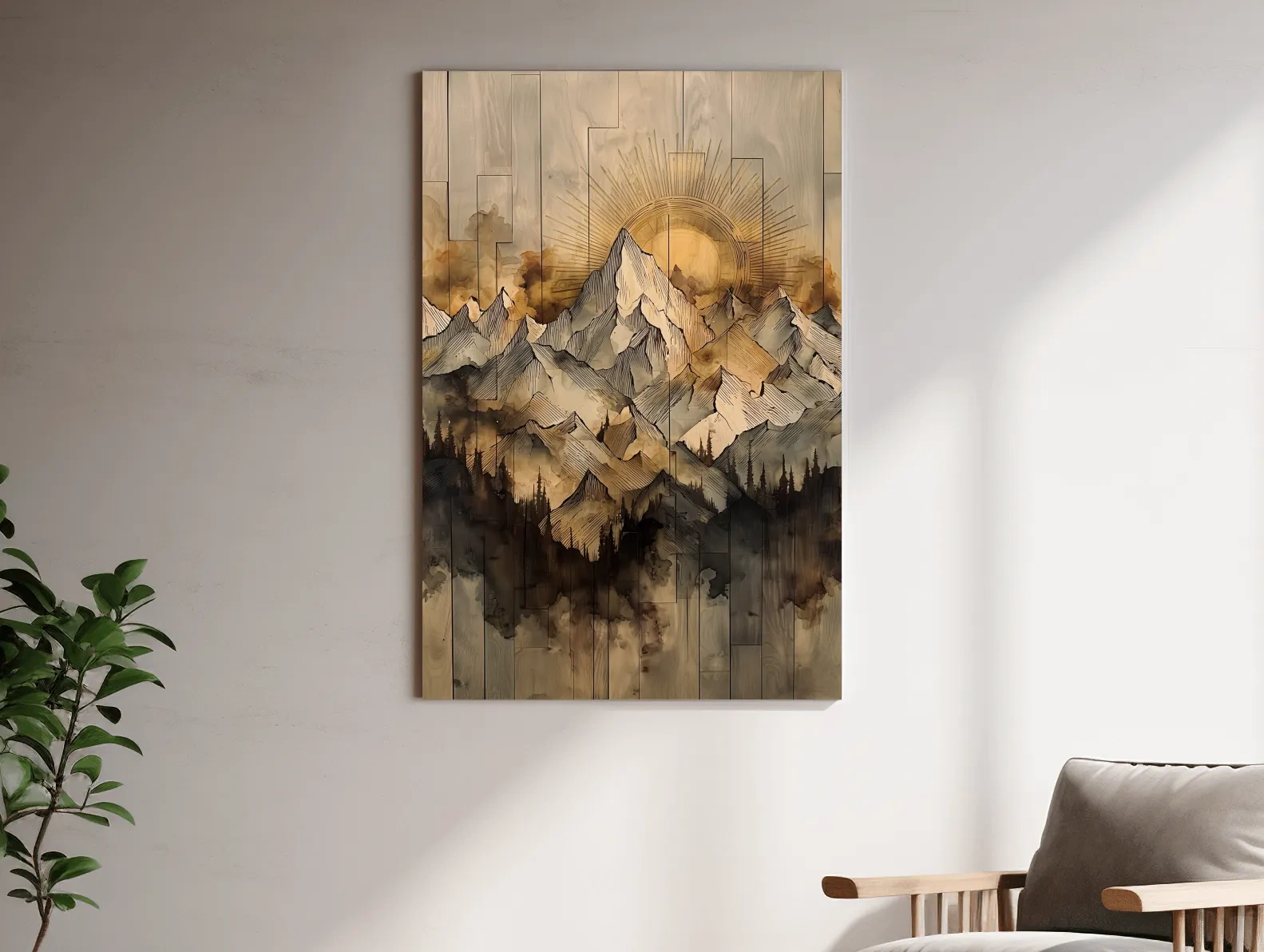 Rustic mountain peak artwork, sunlit layered wooden panel texture effect