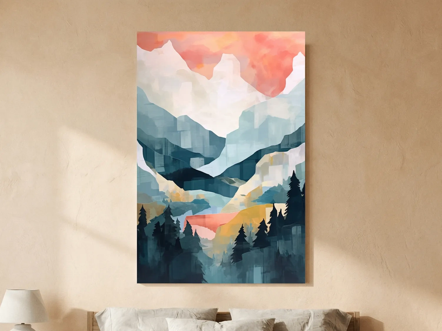 Abstract Watercolor Alpine Mountains At Sunrise - Modern Forest Landscape Artwork