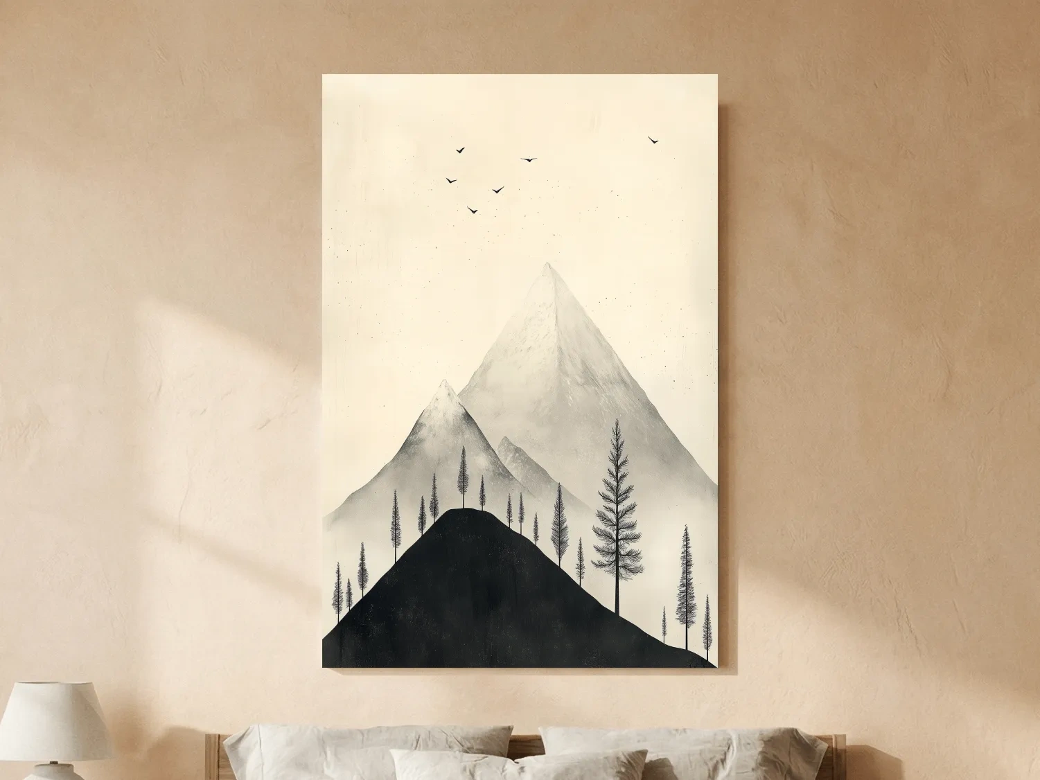 Minimalist Misty Mountain Peaks With Pine Trees - Monochrome Scandinavian Landscape Artwork
