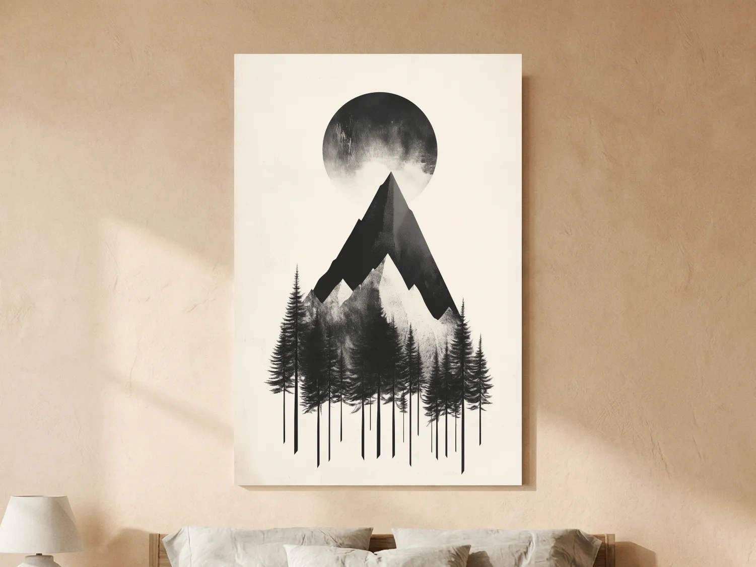 Minimalist Monochrome Mountain Peak & Pine Forest - Modern Scandinavian Style Wall Art
