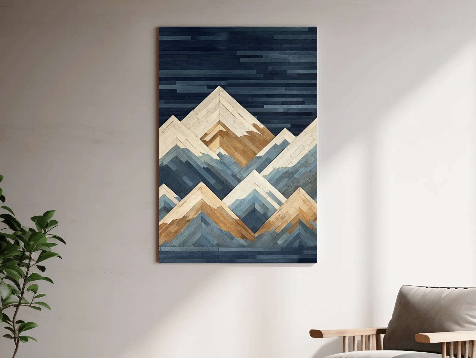 Geometric Layered Mountain Peaks - Wood Texture Landscape Wall Art