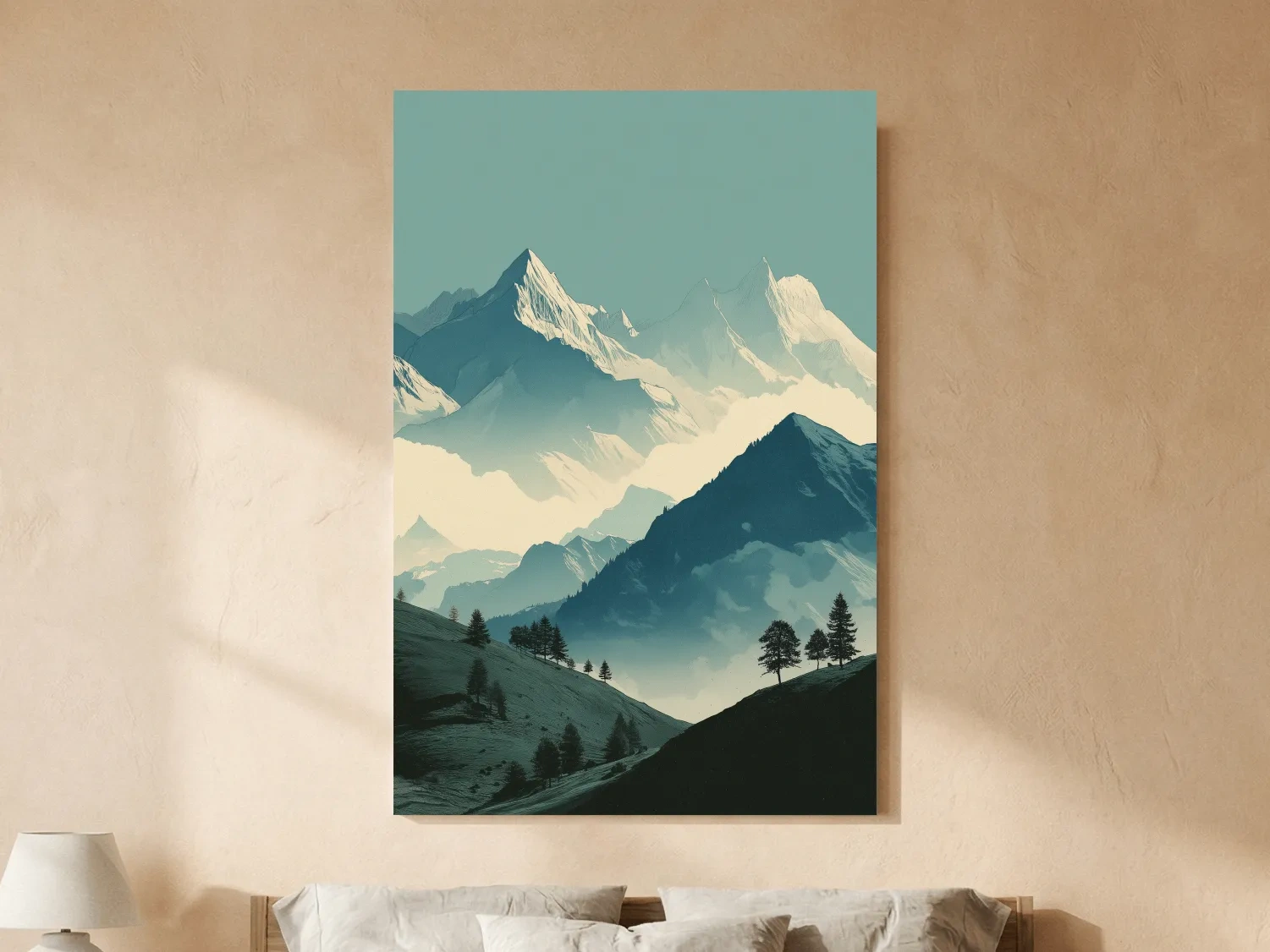 Misty Alpine Mountain Peaks Illustration - Serene Landscape Wall Art
