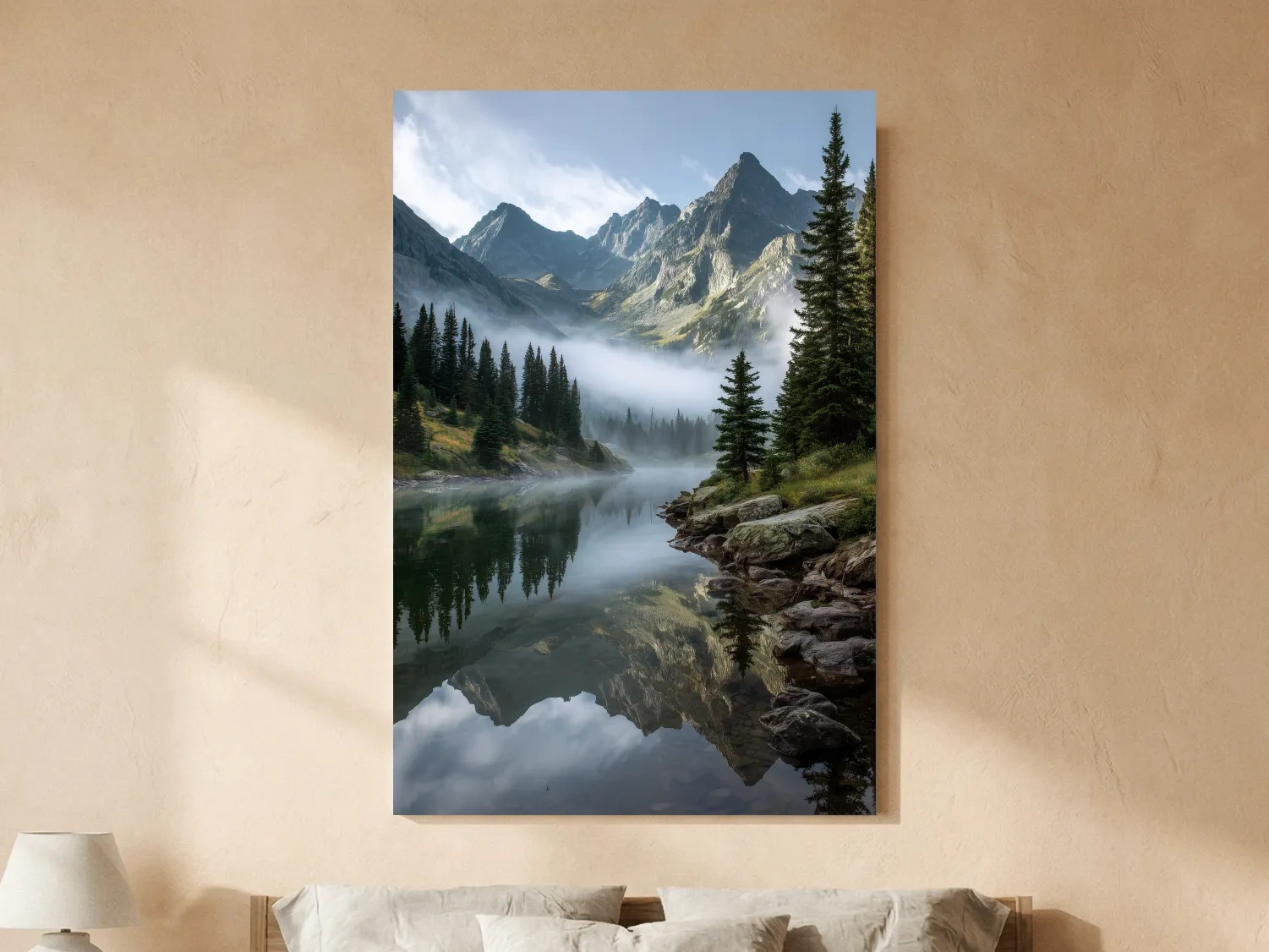 Misty Alpine Lake Photography - Serene Mountain Forest Wall Art