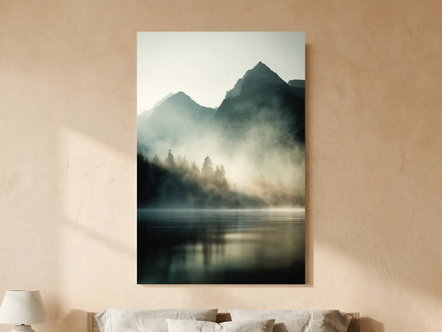 Moody Misty Mountain Lake Landscape - Serene Foggy Pine Forest Wall Art