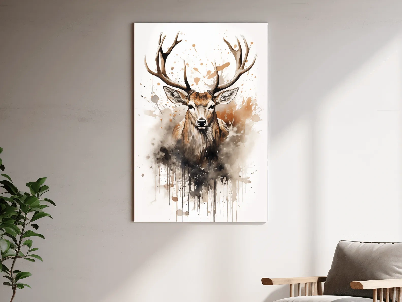 Majestic Stag Watercolor Splash Painting - Rustic Wildlife Wall Art