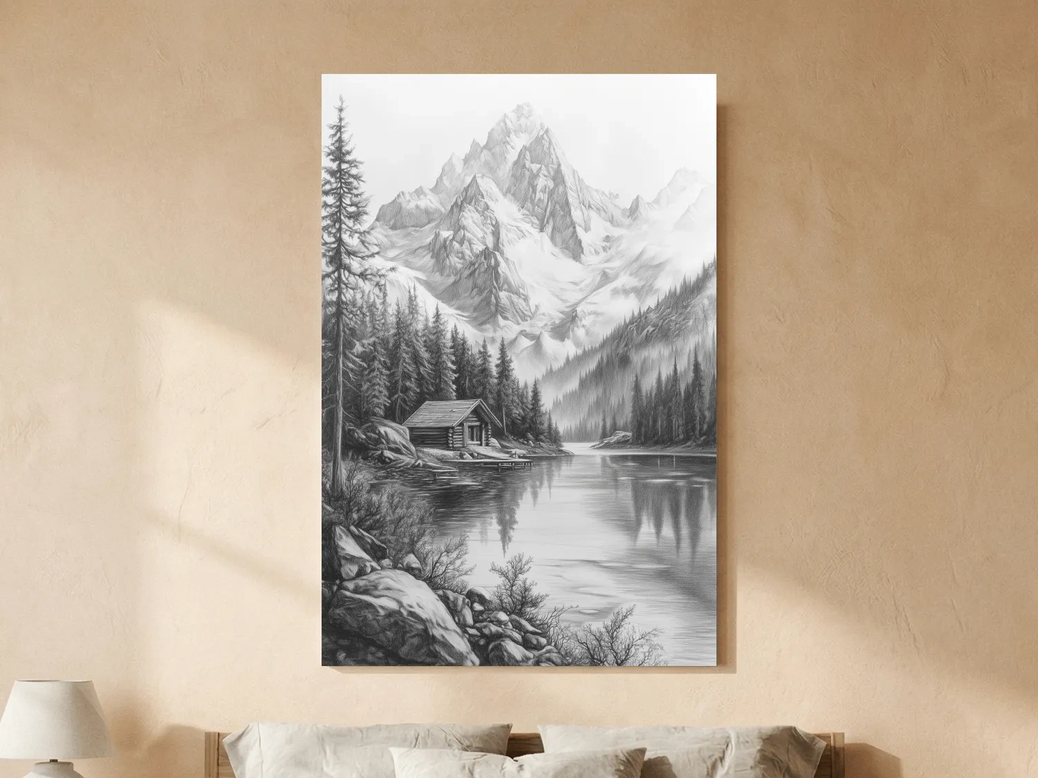 Monochrome Alpine Lake Cabin Sketch Art - Mountain Drawing Wall Art