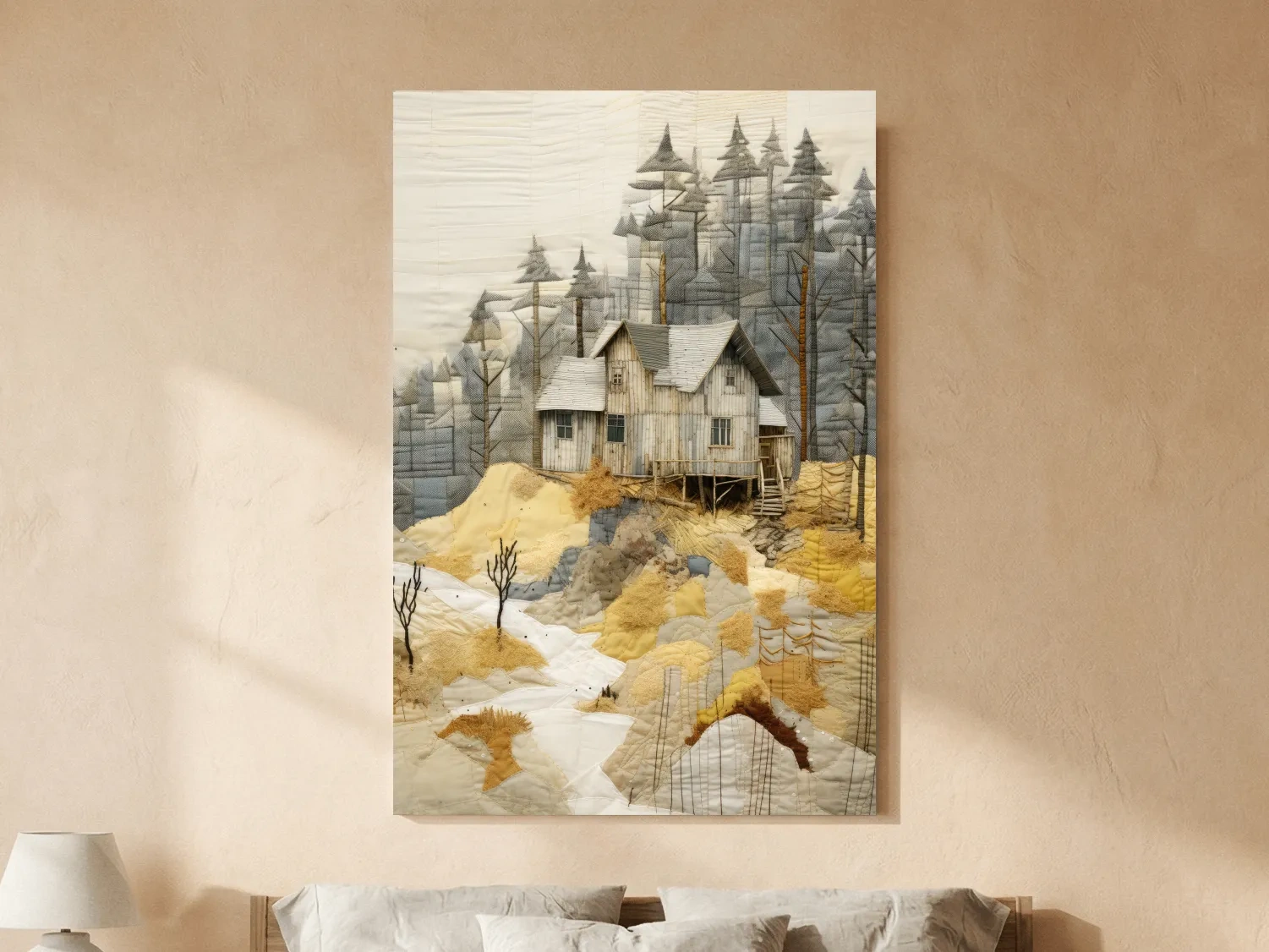 Rustic Woodland Cabin Landscape Quilt Art - Patchwork Style Mixed Media Wall Art