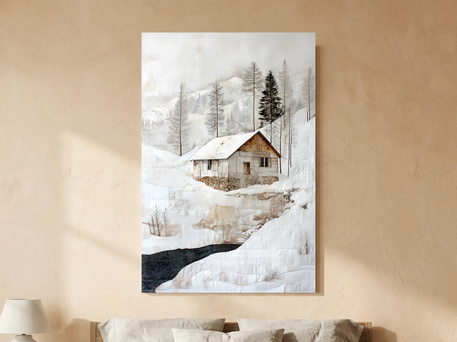 Snowy Mountain Cabin Textured Painting - Winter Landscape Wall Art