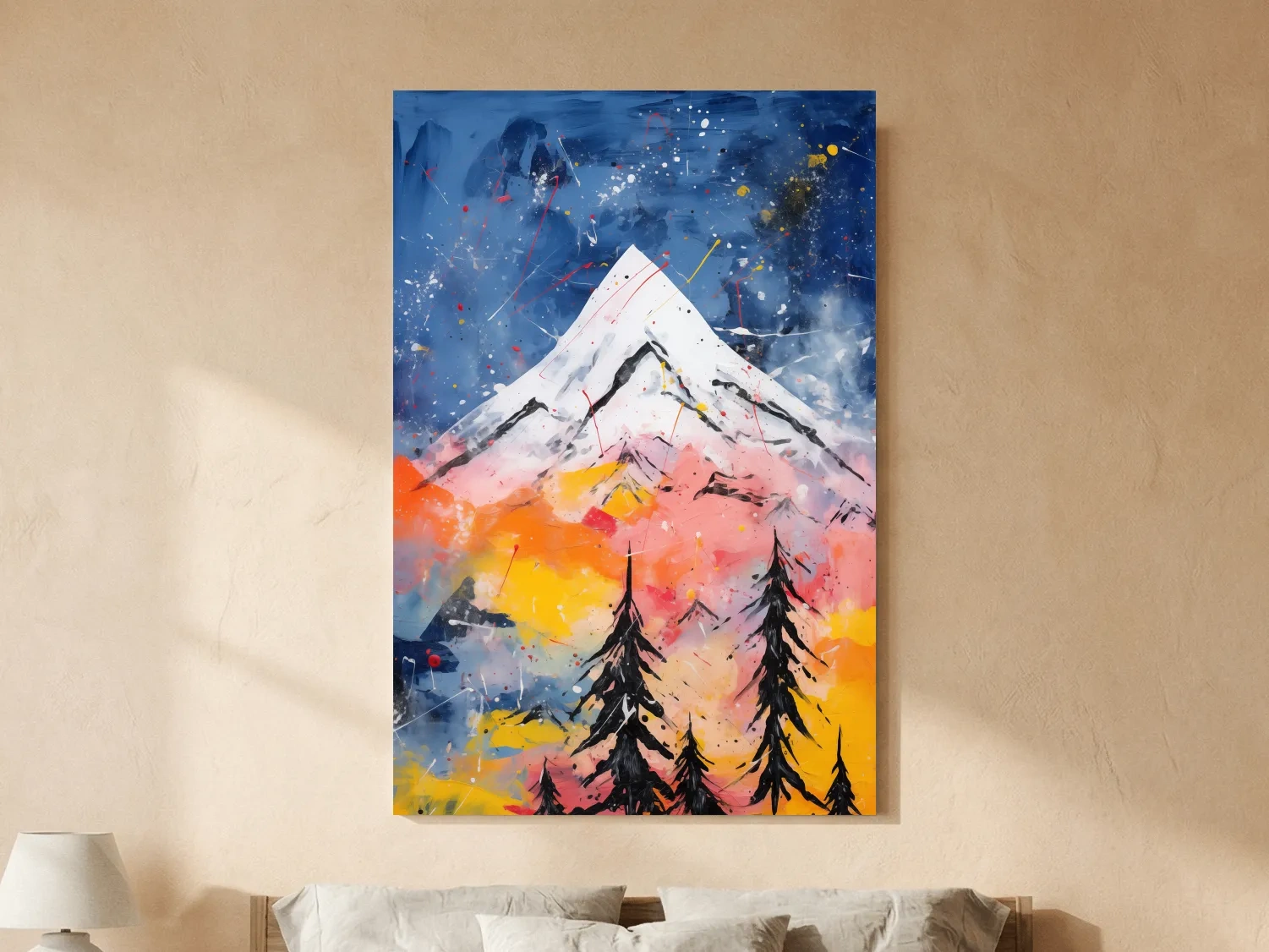 Vibrant Abstract Mountain Peak Sunset Painting - Colorful Acrylic Splash Forest Wall Art
