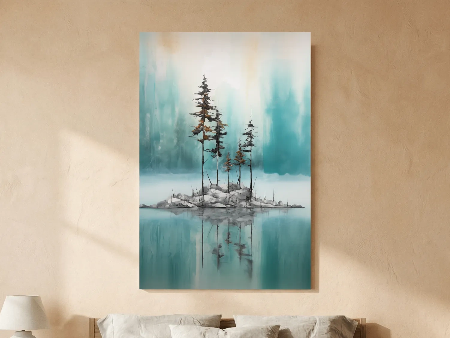 Misty Pine Trees Reflection - Watercolor Turquoise Alpine Lake Wall Art