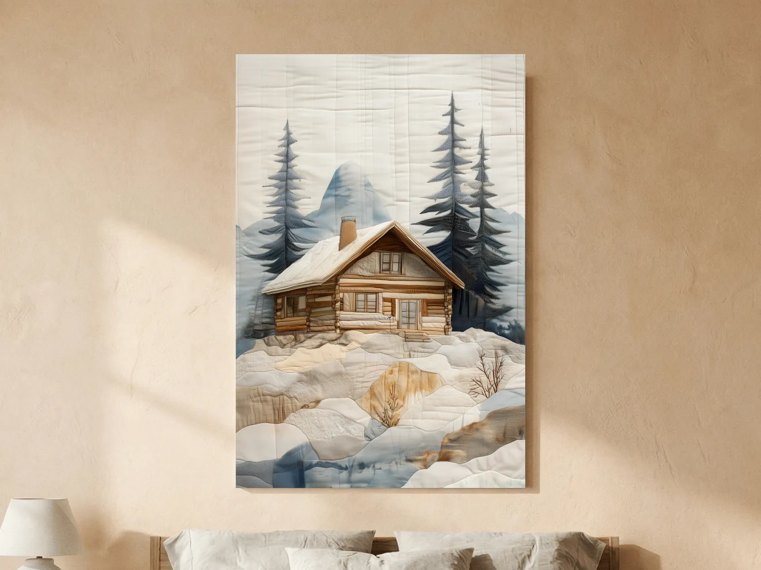 Rustic Winter Cabin In Snowy Pines - Textured Patchwork Fabric Effect Wall Art