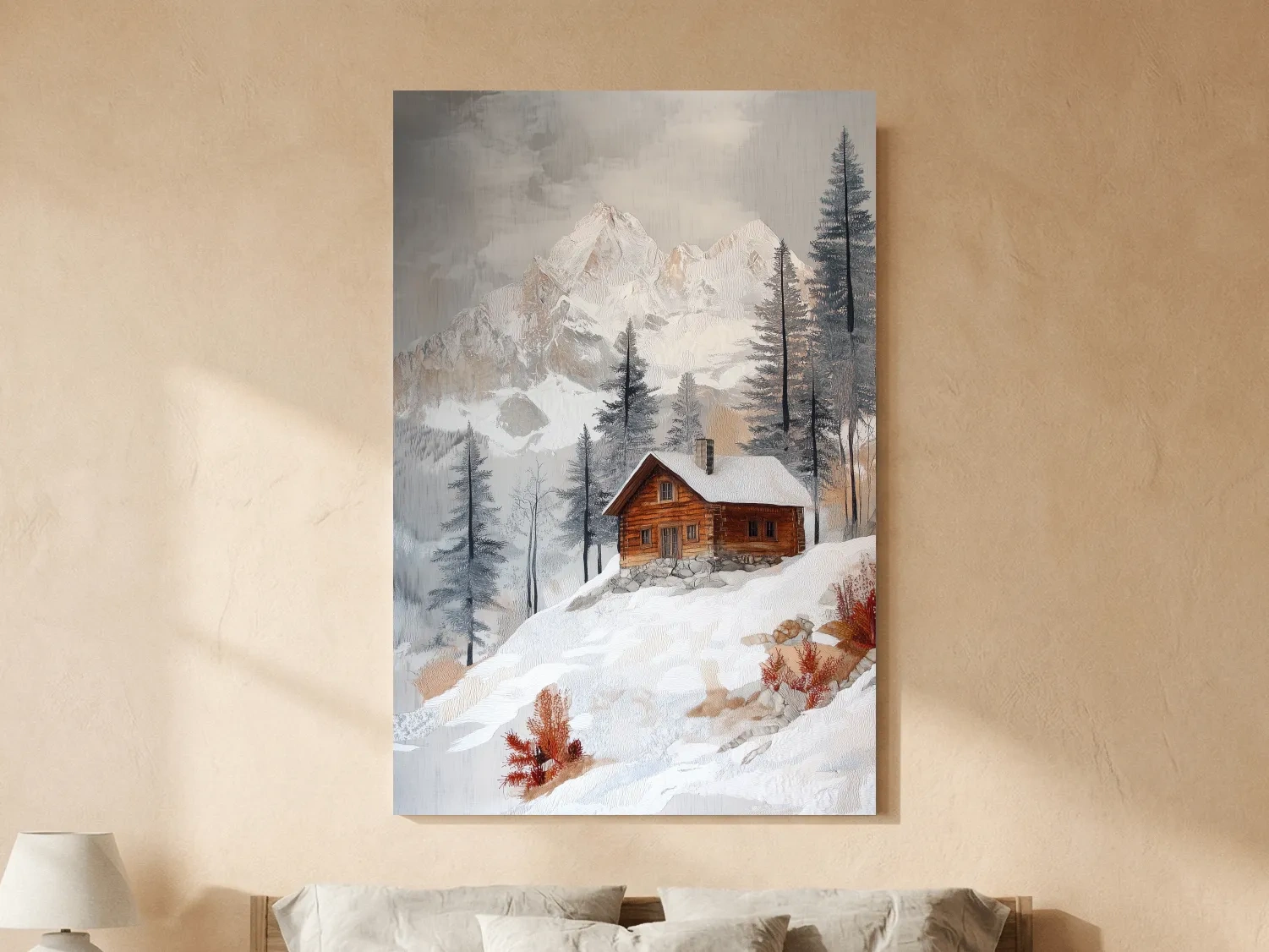 Snowy Mountain Cabin Landscape Painting - Rustic Winter Wilderness Wall Art