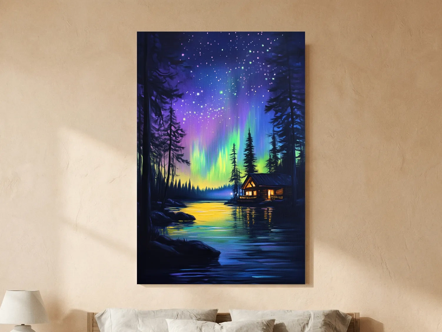 Vibrant Northern Lights Lakeside Cabin Painting - Aurora Borealis Night Landscape Wall Art