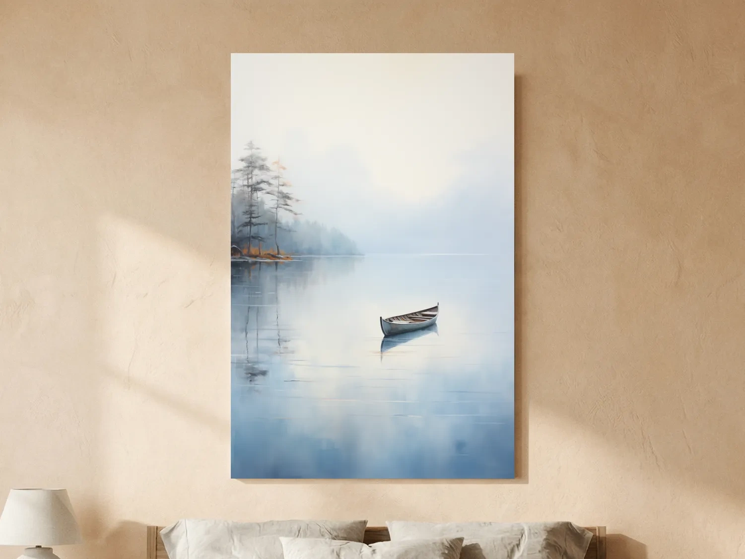 Misty Lake Canoe Reflection Painting - Serene Minimalist Waterscape Wall Art