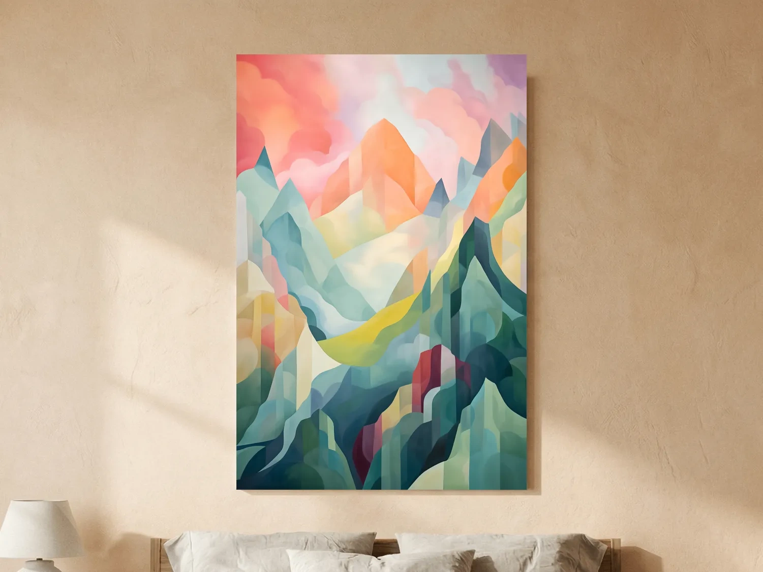 Vibrant Abstract Pastel Mountain Sunset - Geometric Watercolor Style Wall Art