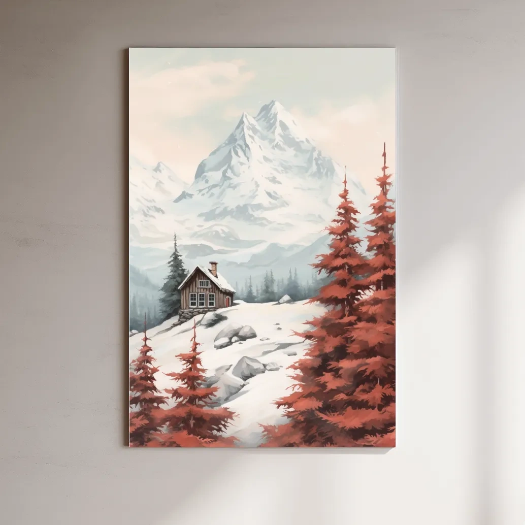 Painting of a snowy alpine scene, red fall leaves, an alpine cabin and glacier