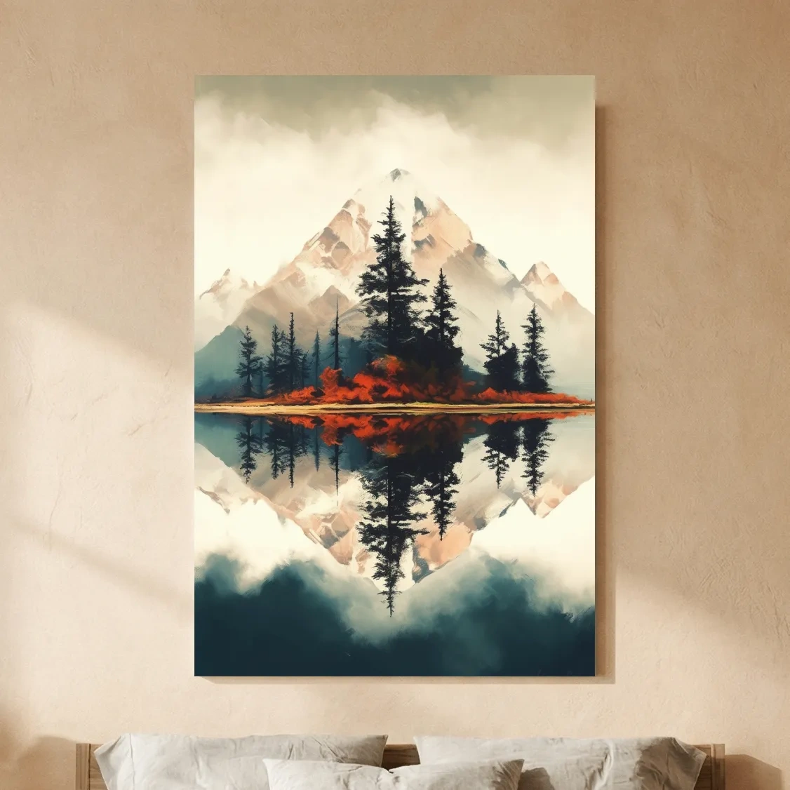 Minimal Mountain Lake Reflection With Pine Forest - Watercolor Landscape Wall Art