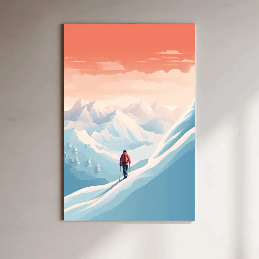 Backcountry skier in the mountains at sunset, minimal vector artwork