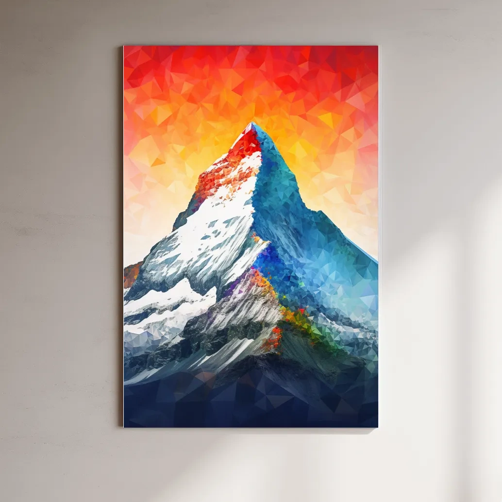 Vibrant abstract mountain painting, sunset over a glacier