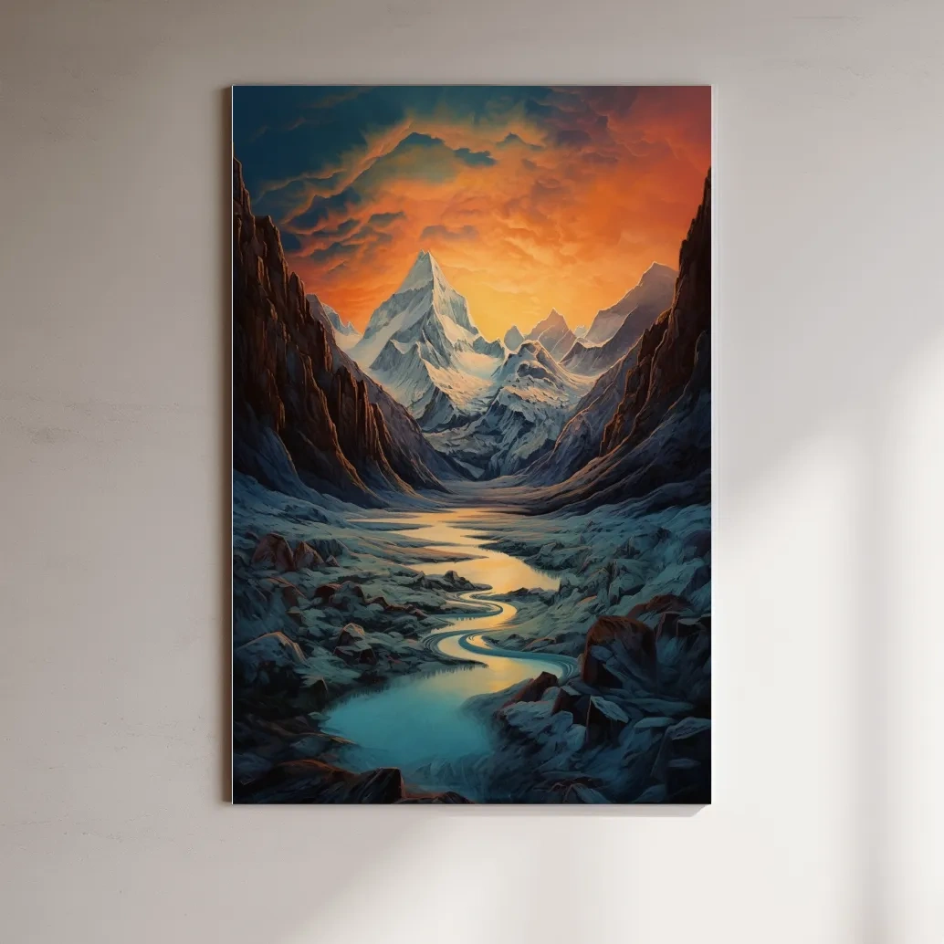 Oil painting of a glacier at sunset