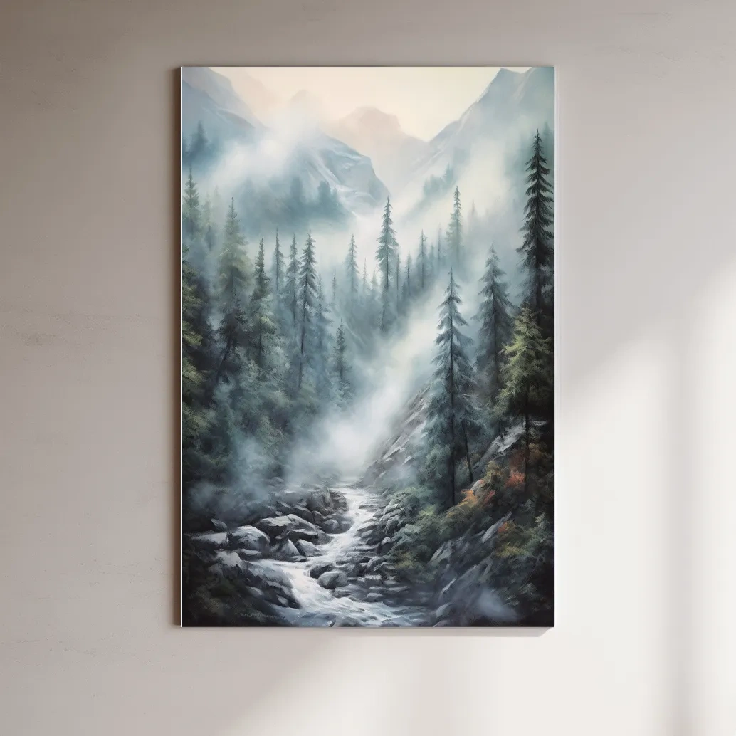 Painting of a foggy forest mountain and river scene