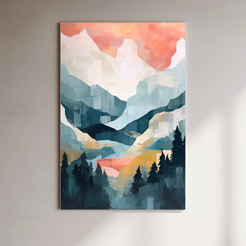 Abstract painting of alpine mountains and trees