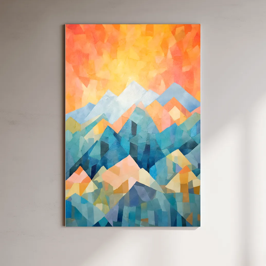 Abstract painting of a mountain scene at sunrise