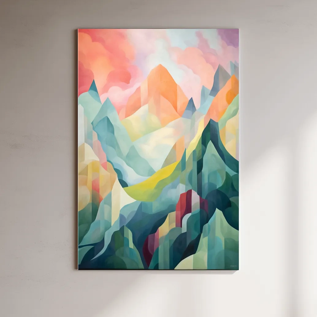 Vibrant Abstract Pastel Mountain Sunset - Geometric Watercolor Style Wall Art