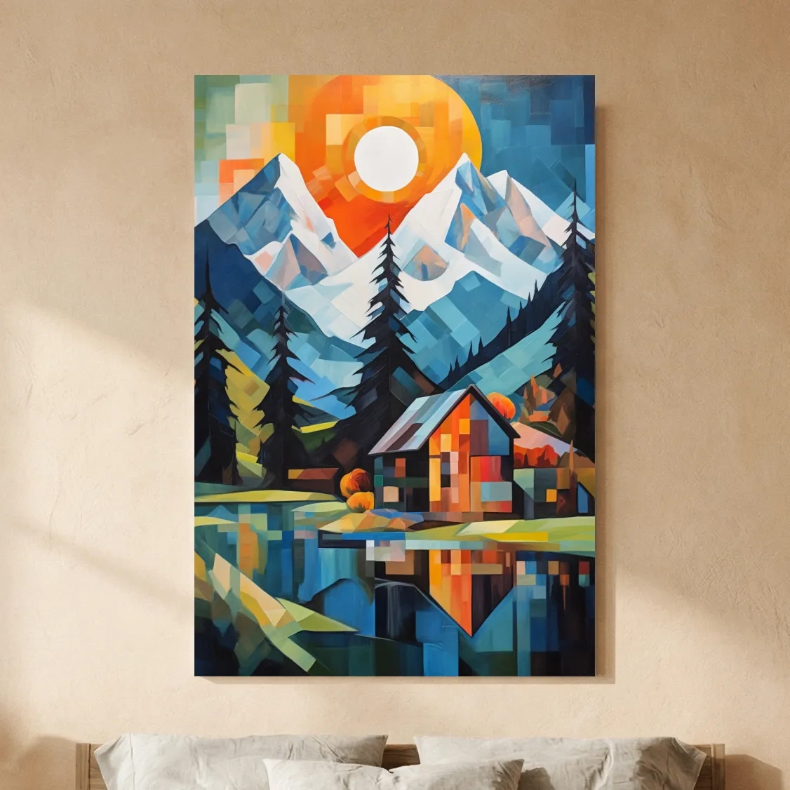 Abstract impressionist painting of a cabin by a lake and mountain at sunset