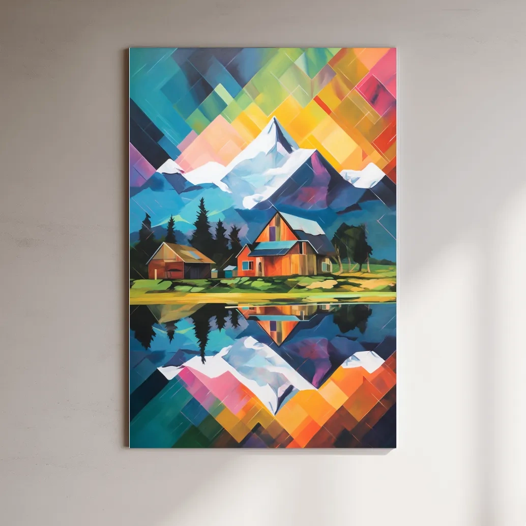 Vibrant Geometric Mountain Cabin Painting - Colorful Abstract Alpine Wall Art