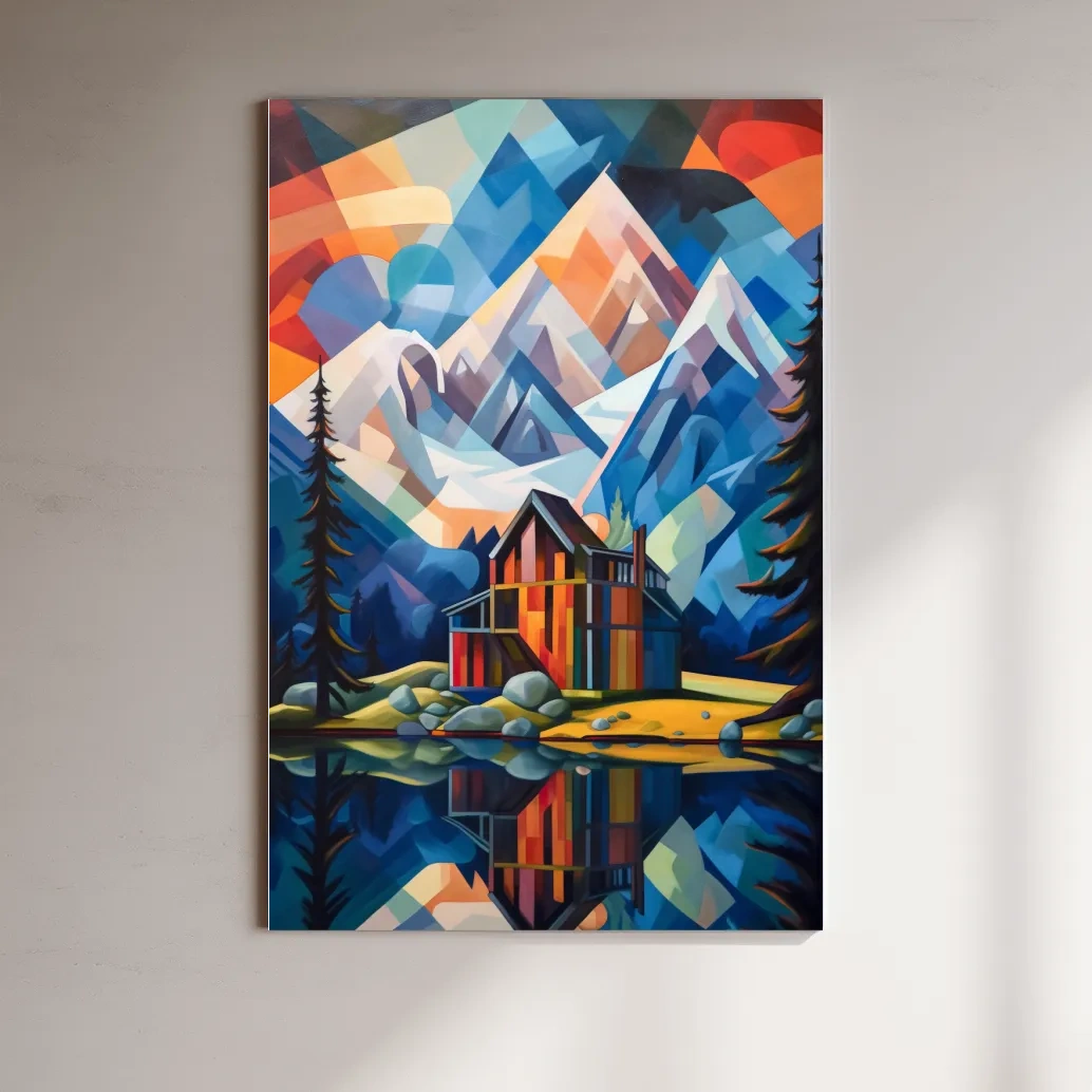 Abstract painting of a cabin by a lake
