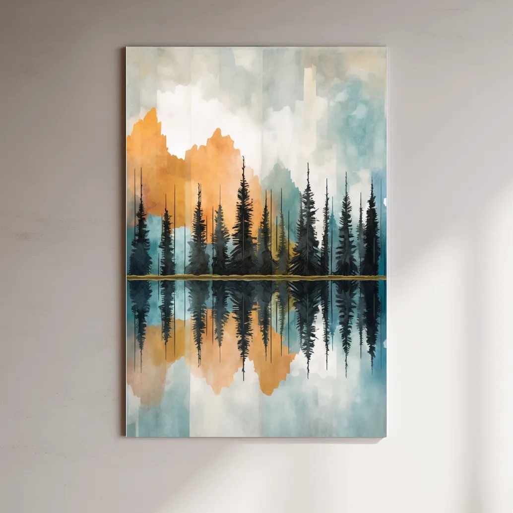 Abstract watercolour painting of trees along a lake