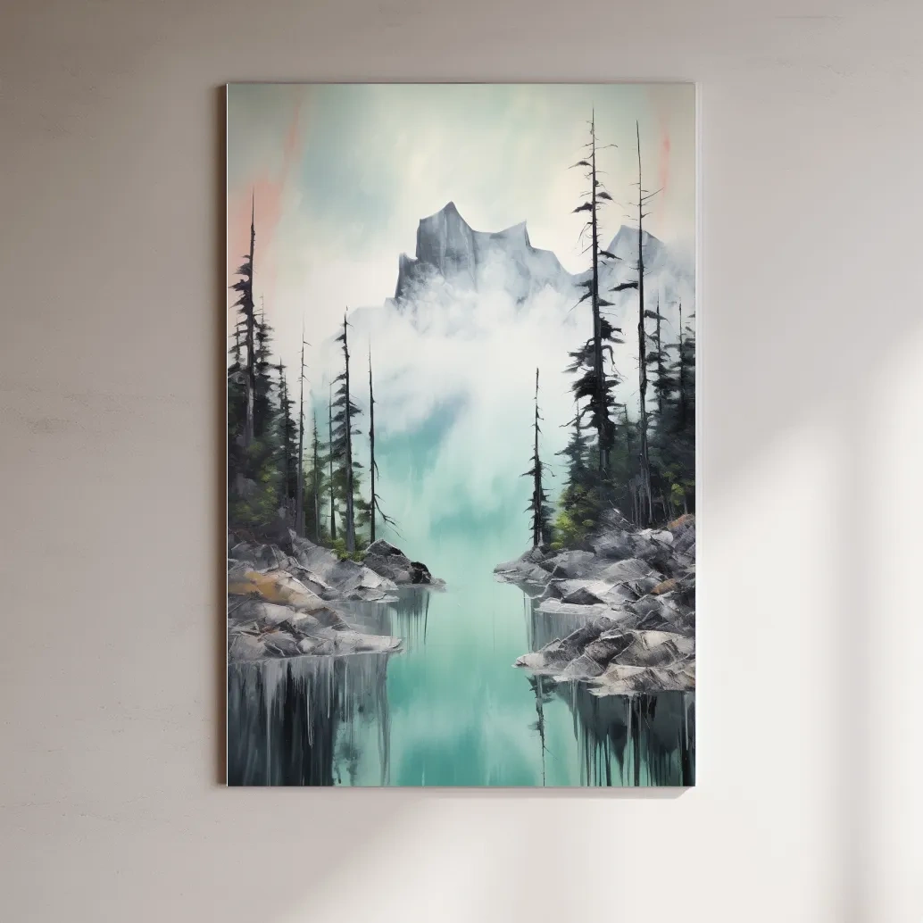 Painting of a turquoise alpine lake and mountain in the fog
