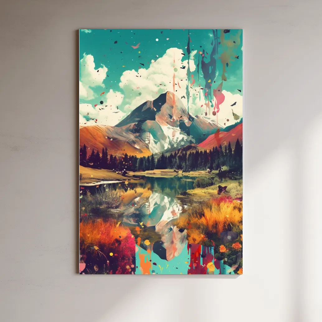 Colourful splattered abstract painting of a mountain and lake