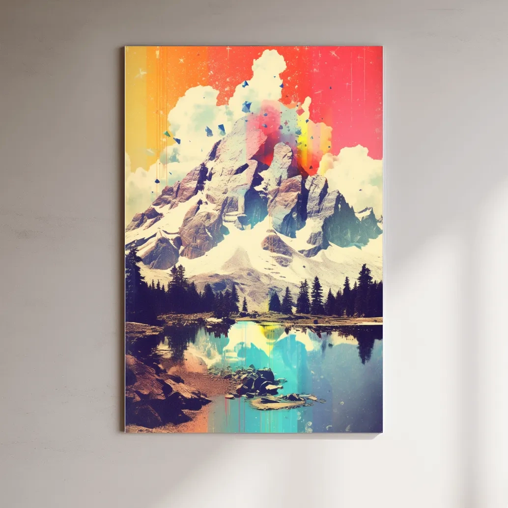 Vibrant Abstract Mountain Lake Painting - Colorful Alpine Landscape Wall Art