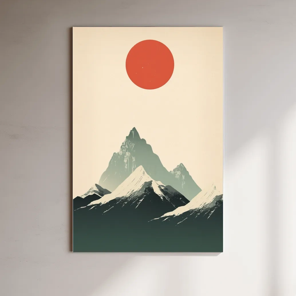 Japandi style minimalistic art of the sun over snow capped mountains