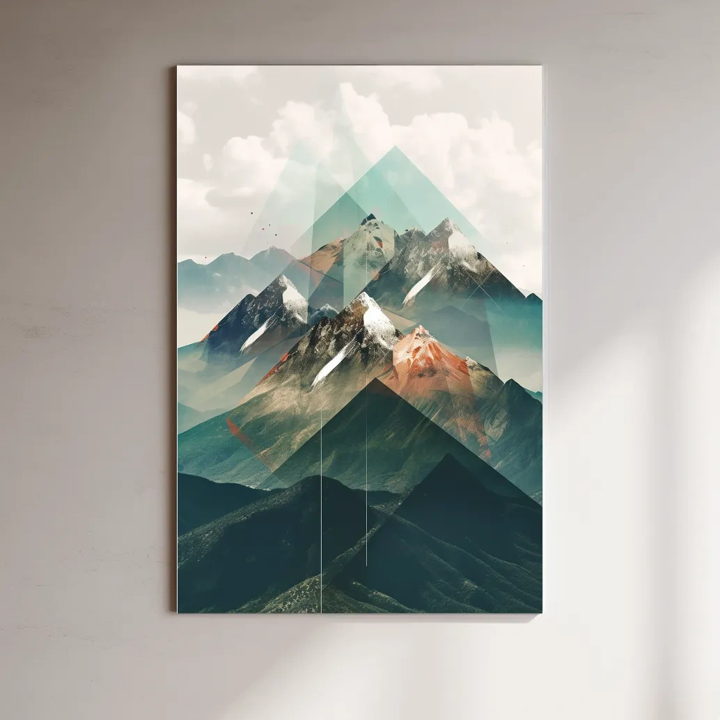 Abstract mountain art, geometric shapes overlaying mountain photography
