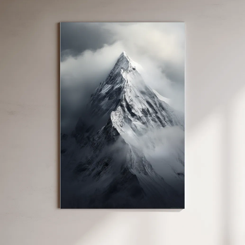 Photographic art, ominous snowy peak in the clouds