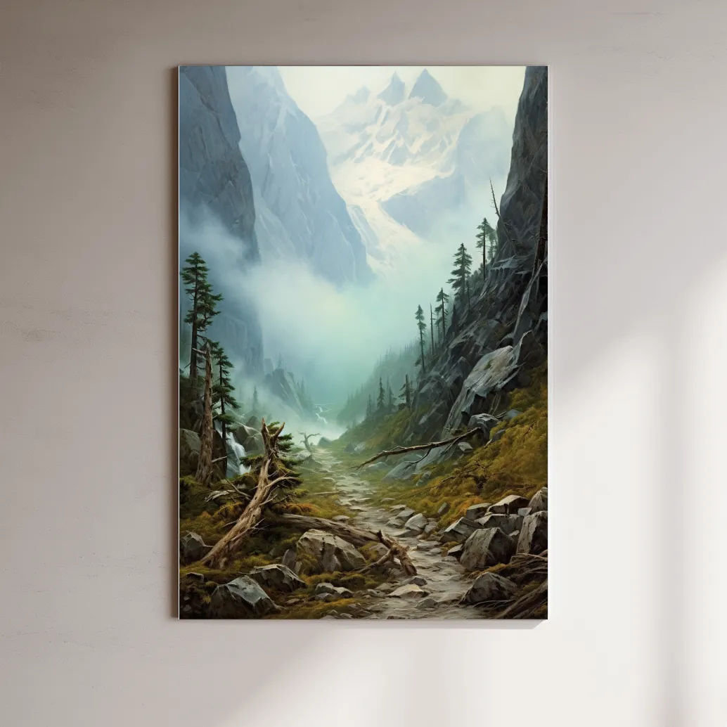 Misty Alpine Mountain Valley Painting - Foggy Pine Forest Wall Art